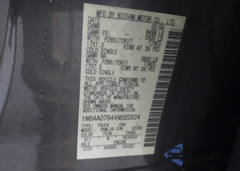 2004 Nissan Titan Le из США, поврежденный, VIN 1N6AA07B44N522824